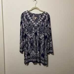 JM Collection Navy and White Paisley Tunic Women's Large